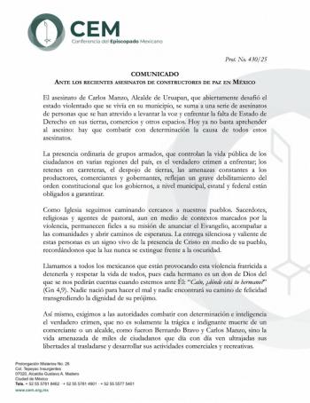 Iglesia cat&oacute;lica exige a autoridades frenar la violencia y restaurar el Estado de Derecho
