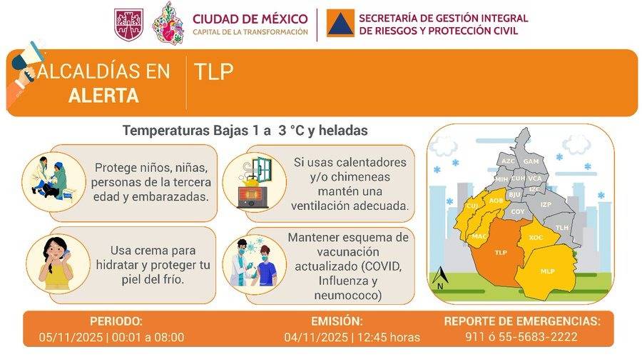 Activan alerta por fr&iacute;o en seis alcald&iacute;as de CDMX ante llegada del frente fr&iacute;o 12