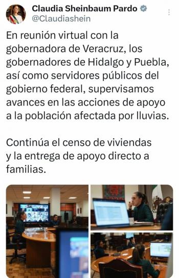 En reuni&oacute;n nocturna, Sheinbaum supervisa con gobernadores avances en apoyo a familias afectadas por lluvias