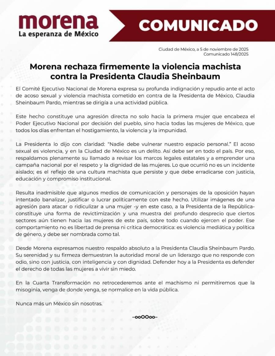 Morena condena la violencia machista contra la presidenta Claudia Sheinbaum