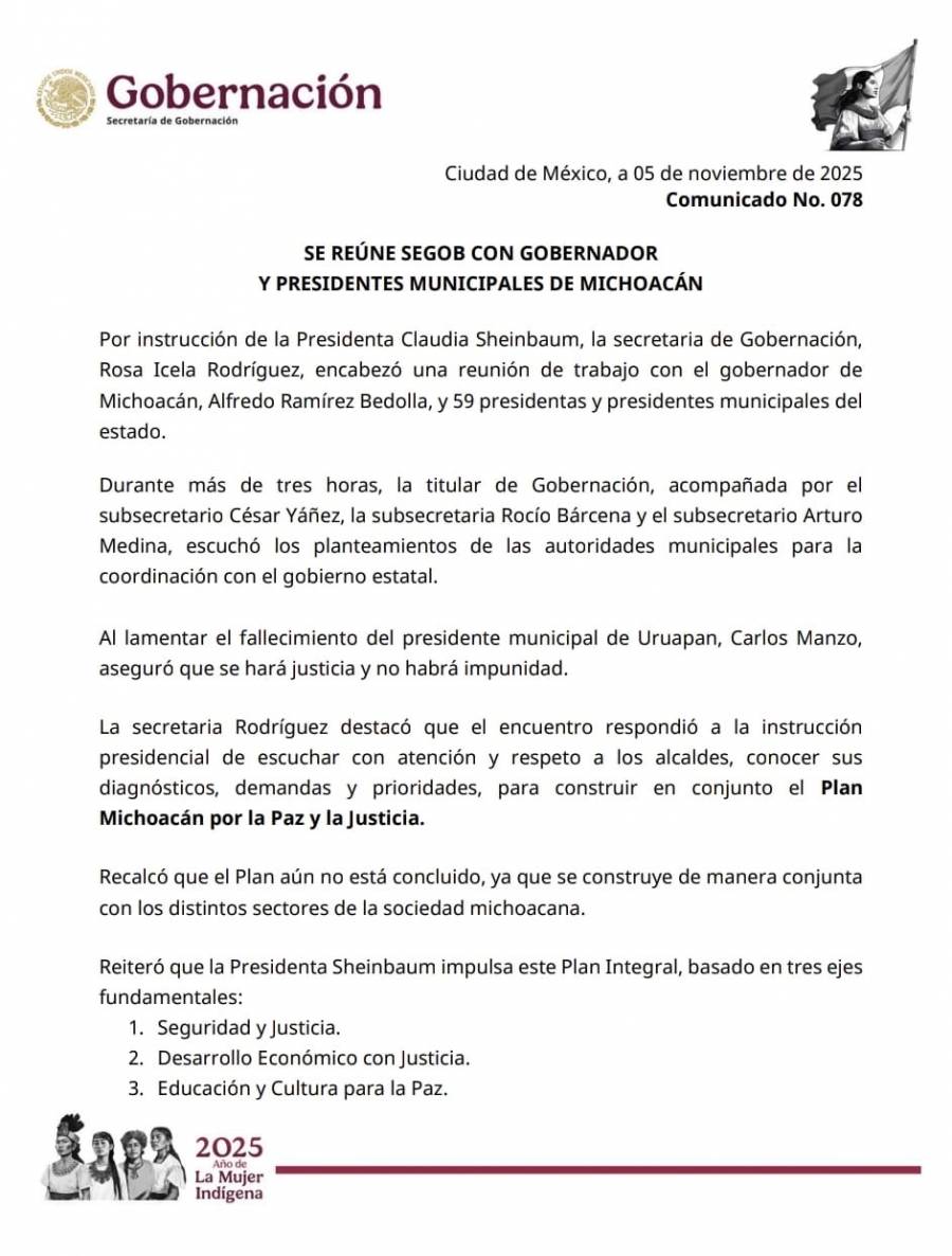 Segob se re&uacute;ne con autoridades municipales de Michoac&aacute;n para construir el Plan por la Paz y la Justicia