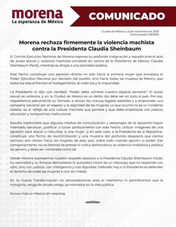 Morena condena la violencia machista contra la presidenta Claudia Sheinbaum