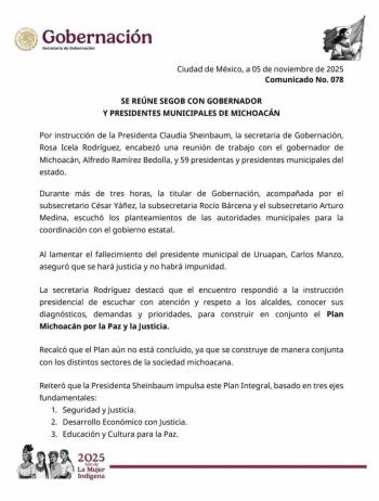 Segob se re&uacute;ne con autoridades municipales de Michoac&aacute;n para construir el Plan por la Paz y la Justicia