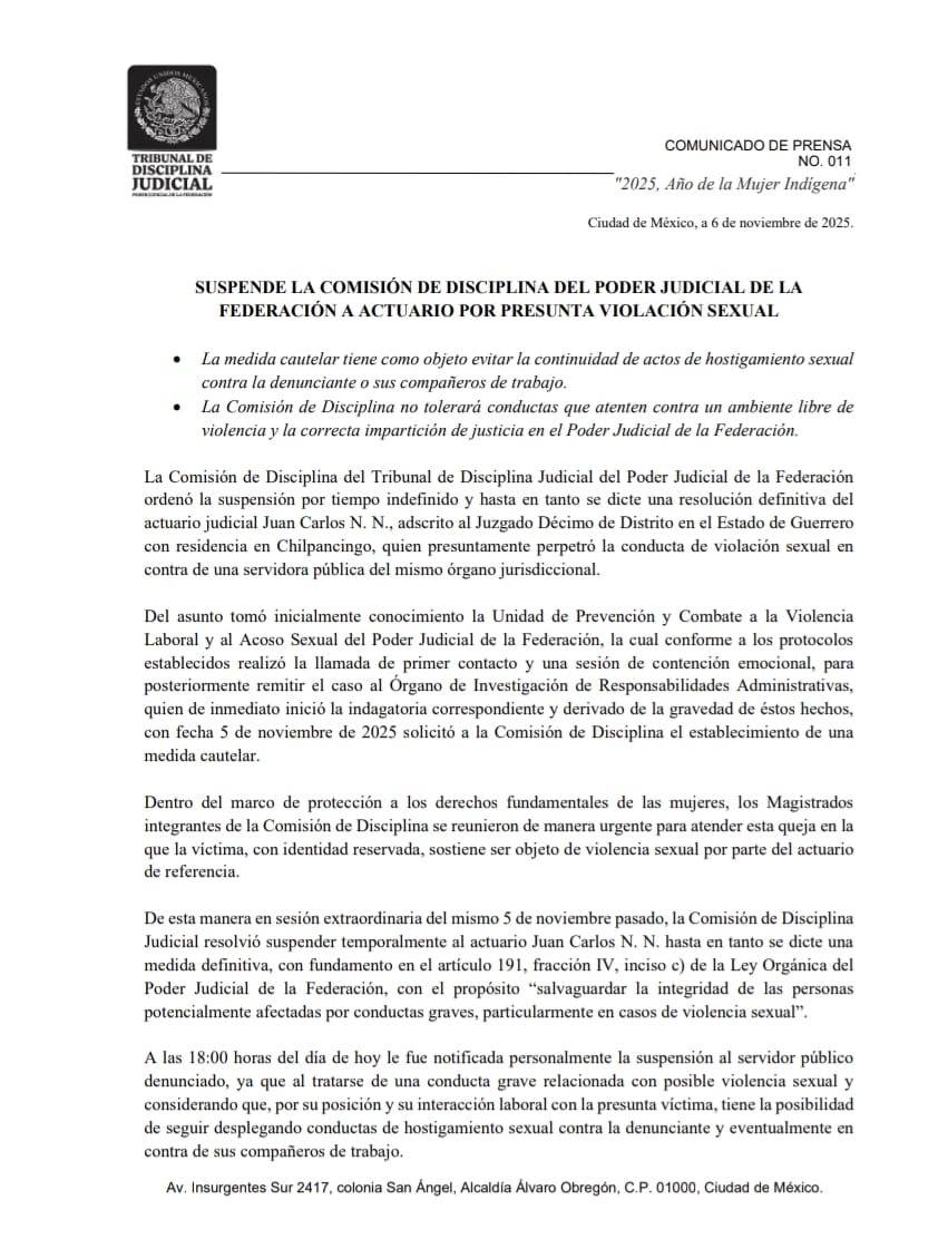 Suspenden a actuario del Poder Judicial por presunta violación sexual en Guerrero
