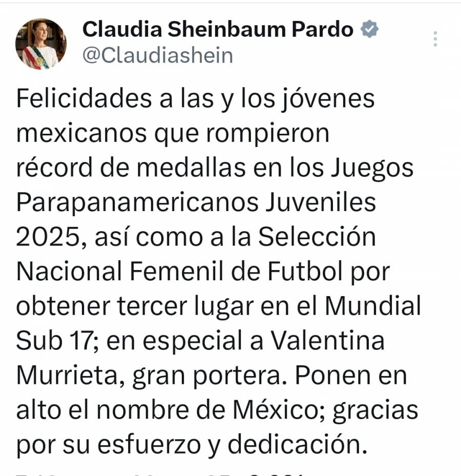 Presidenta de M&eacute;xico celebra triunfos hist&oacute;ricos en deporte juvenil y femenil