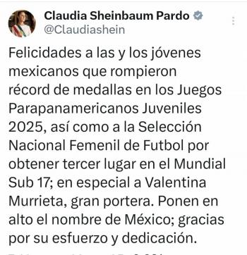 Presidenta de M&eacute;xico celebra triunfos hist&oacute;ricos en deporte juvenil y femenil