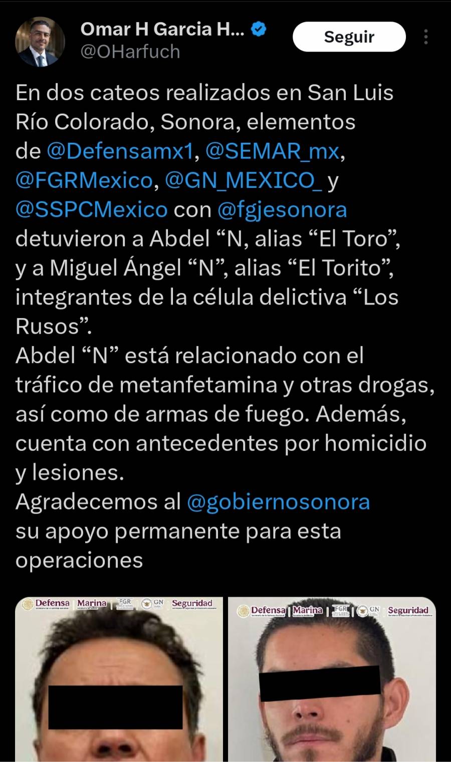 Detienen a presuntos integrantes de “Los Rusos” durante operativos en Sonora