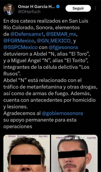 Detienen a presuntos integrantes de “Los Rusos” durante operativos en Sonora