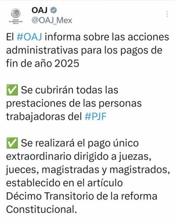 El &Oacute;rgano de Administraci&oacute;n Judicial anuncia pagos de fin de a&ntilde;o para trabajadores del Poder Judicial