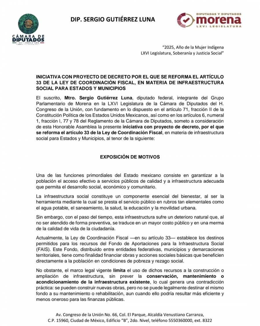 Diputado Sergio Guti&eacute;rrez Luna presenta iniciativa 