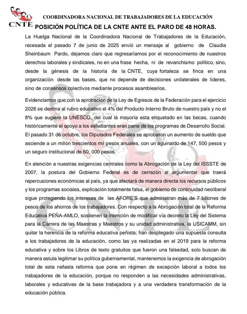 CNTE anuncia que pondrá un cerco a Palacio Nacional, tomará el Congreso y hará paros escalonados