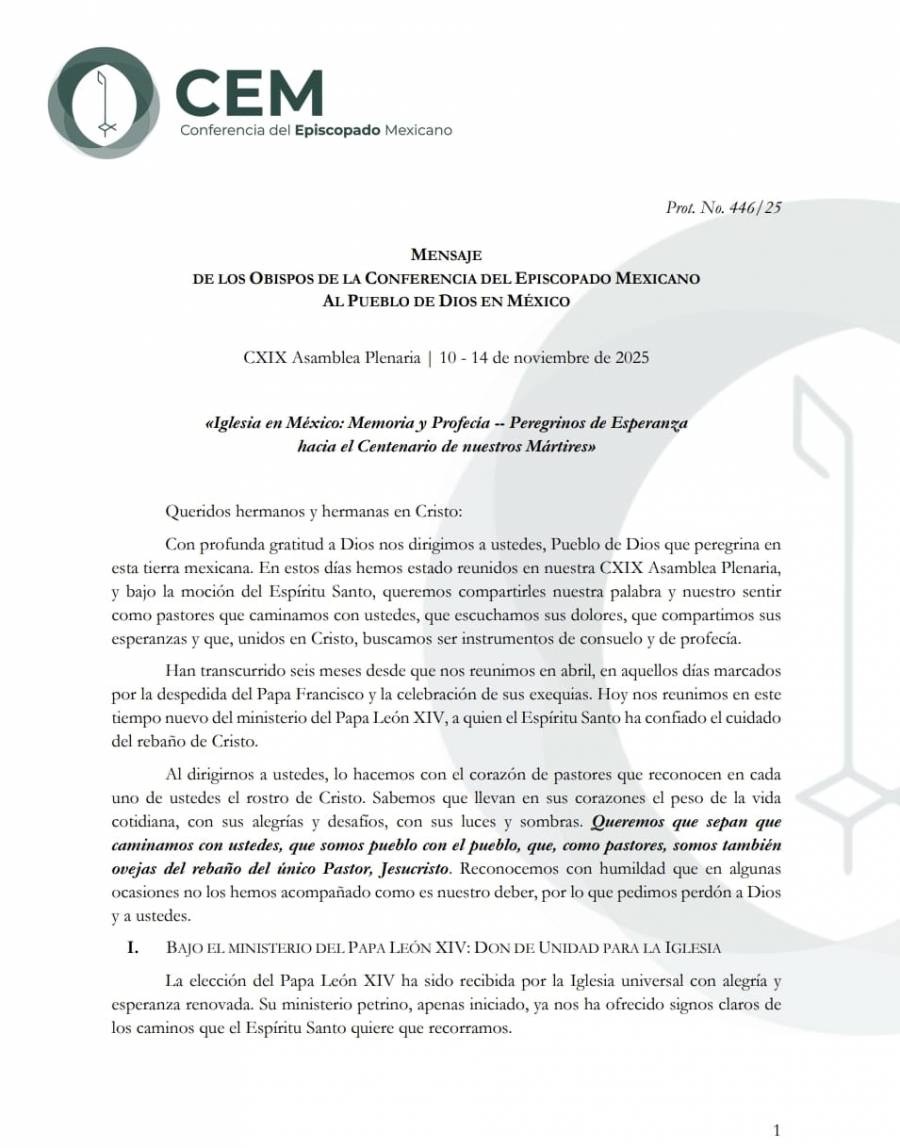 Iglesia Cat&oacute;lica alerta por violencia e impunidad ante falta de resultados del Estado; 