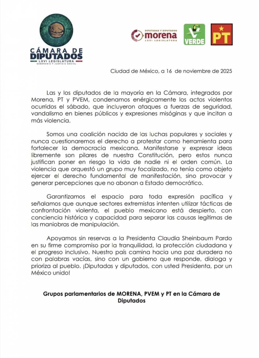 Diputados de Morena, PT y PVEM condenan hechos violentos y respaldan a la presidenta Claudia Sheinbaum
