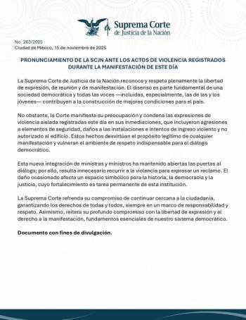 Suprema Corte condena da&ntilde;os en su sede y llama a mantener manifestaciones sin violencia