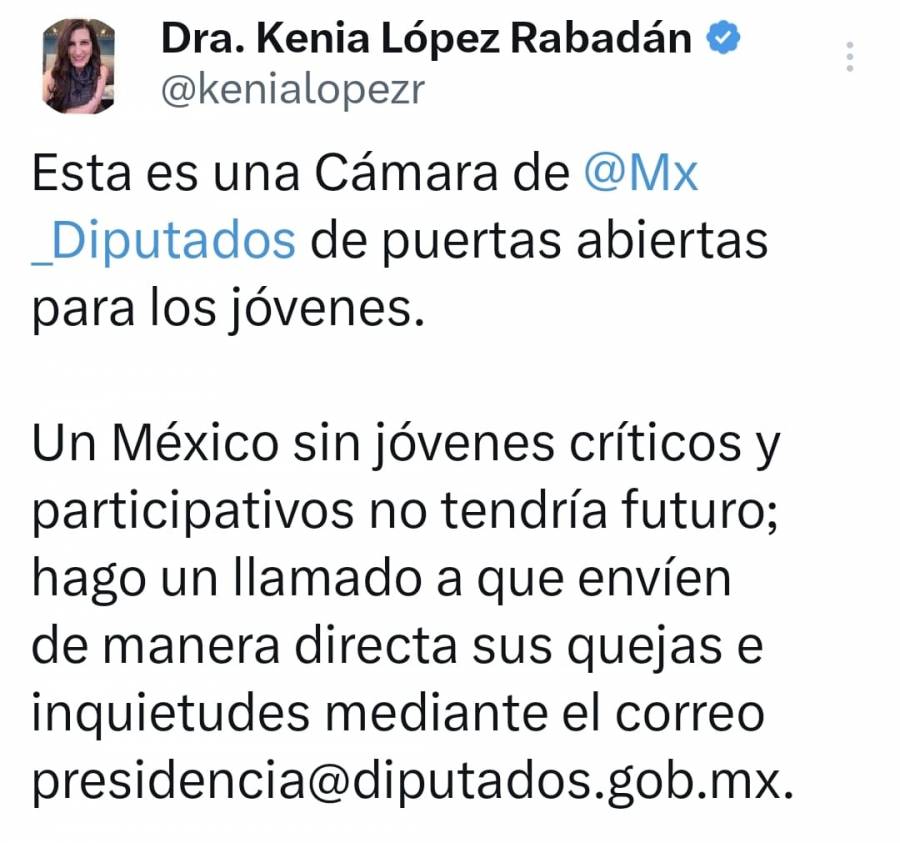 Kenia L&oacute;pez abre canal de di&aacute;logo entre la C&aacute;mara de Diputados y Gen Z