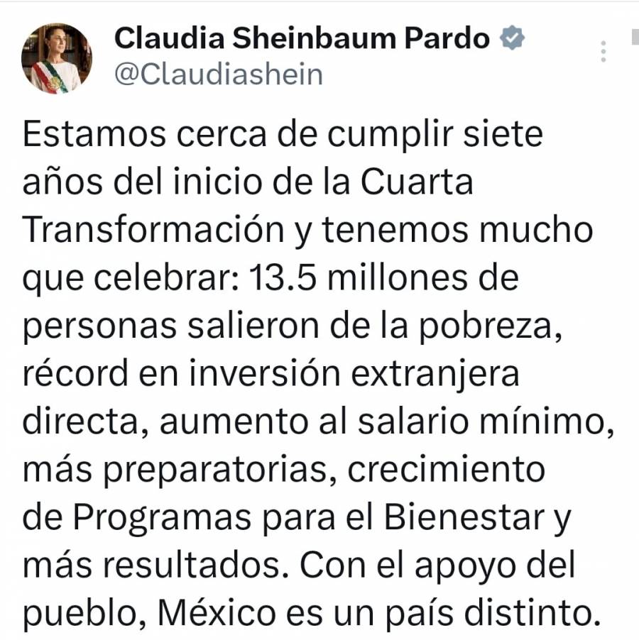 ¿Qué celebrará la presidenta Claudia Sheinbaum al cumplirse siete años de la Cuarta Transformación?