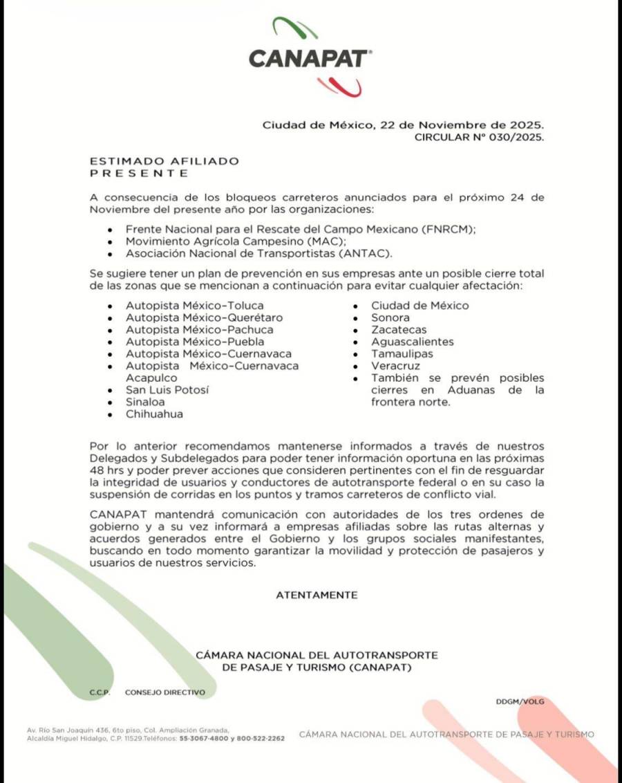 ¿Dónde habrá paro carretero este 24 de noviembre?