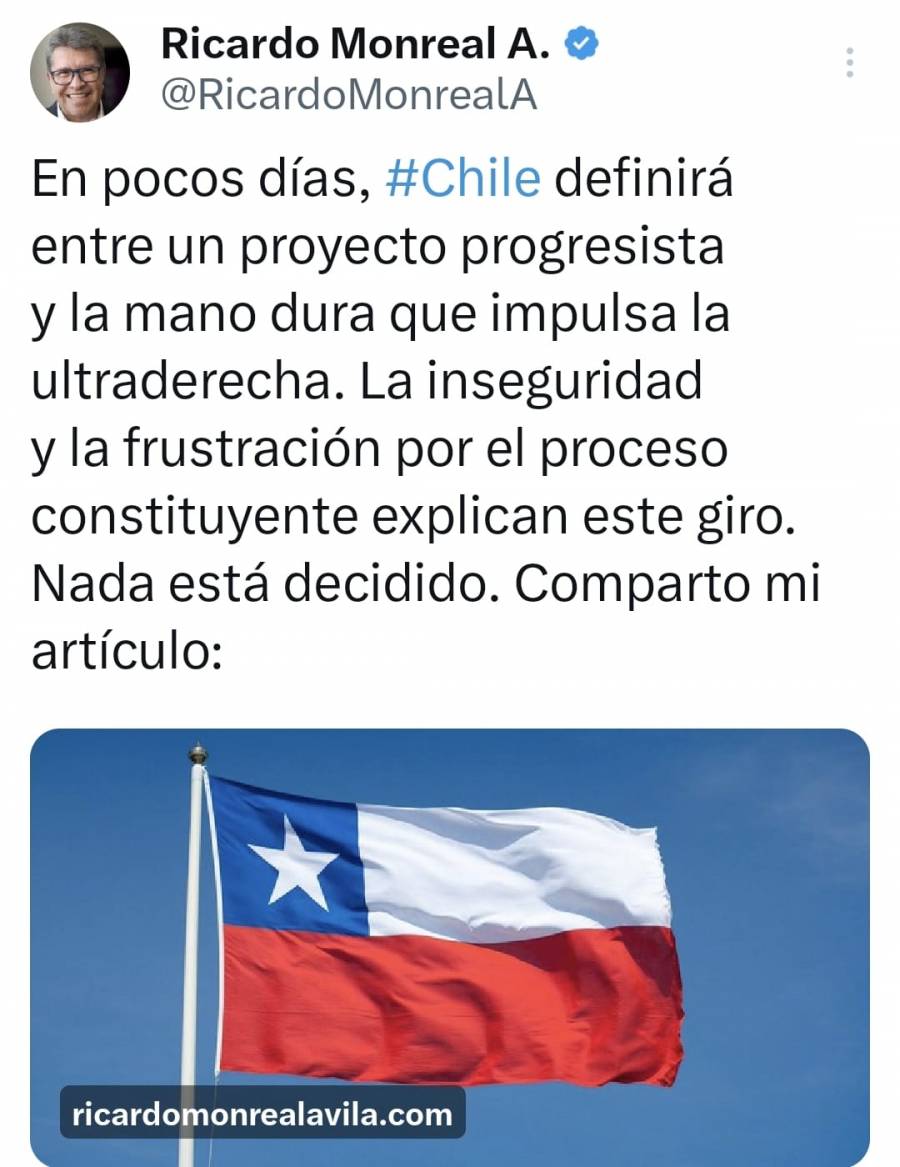 Ricardo Monreal advierte sobre avance de la ultraderecha en Chile