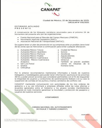 ¿D&oacute;nde habr&aacute; paro carretero este 24 de noviembre?