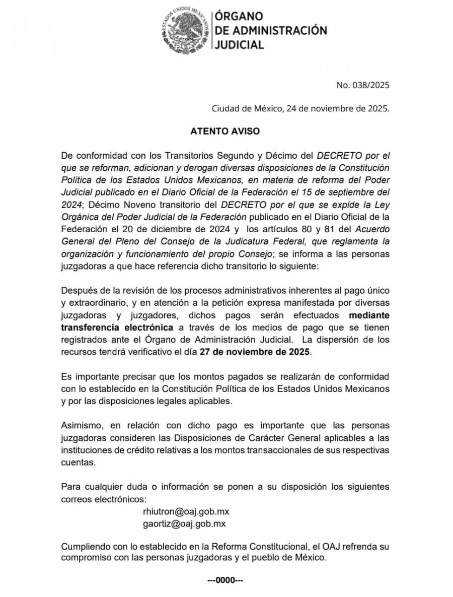 Liquidaciones a personas juzgadoras se realizar&aacute; el 27 de noviembre, informa el OAJ