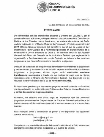 Liquidaciones a personas juzgadoras se realizar&aacute; el 27 de noviembre, informa el OAJ