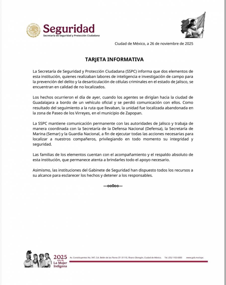 Agentes federales permanecen en calidad de no localizados en Jalisco