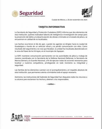 Agentes federales permanecen en calidad de no localizados en Jalisco