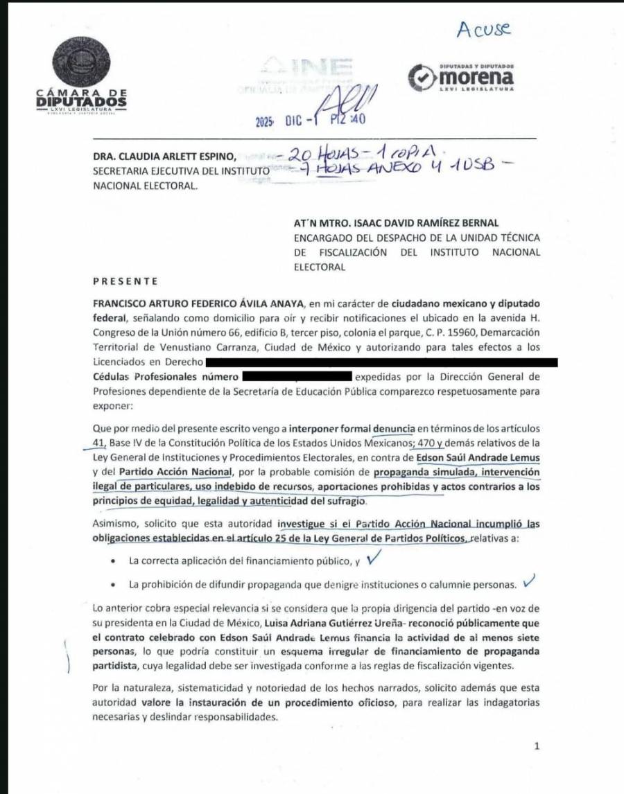 Diputado Arturo &Aacute;vila denuncia al PAN ante el INE por propaganda simulada a trav&eacute;s de influencer Edson Andrade