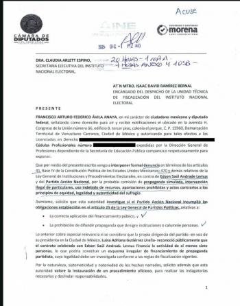 Diputado Arturo &Aacute;vila denuncia al PAN ante el INE por propaganda simulada a trav&eacute;s de influencer Edson Andrade