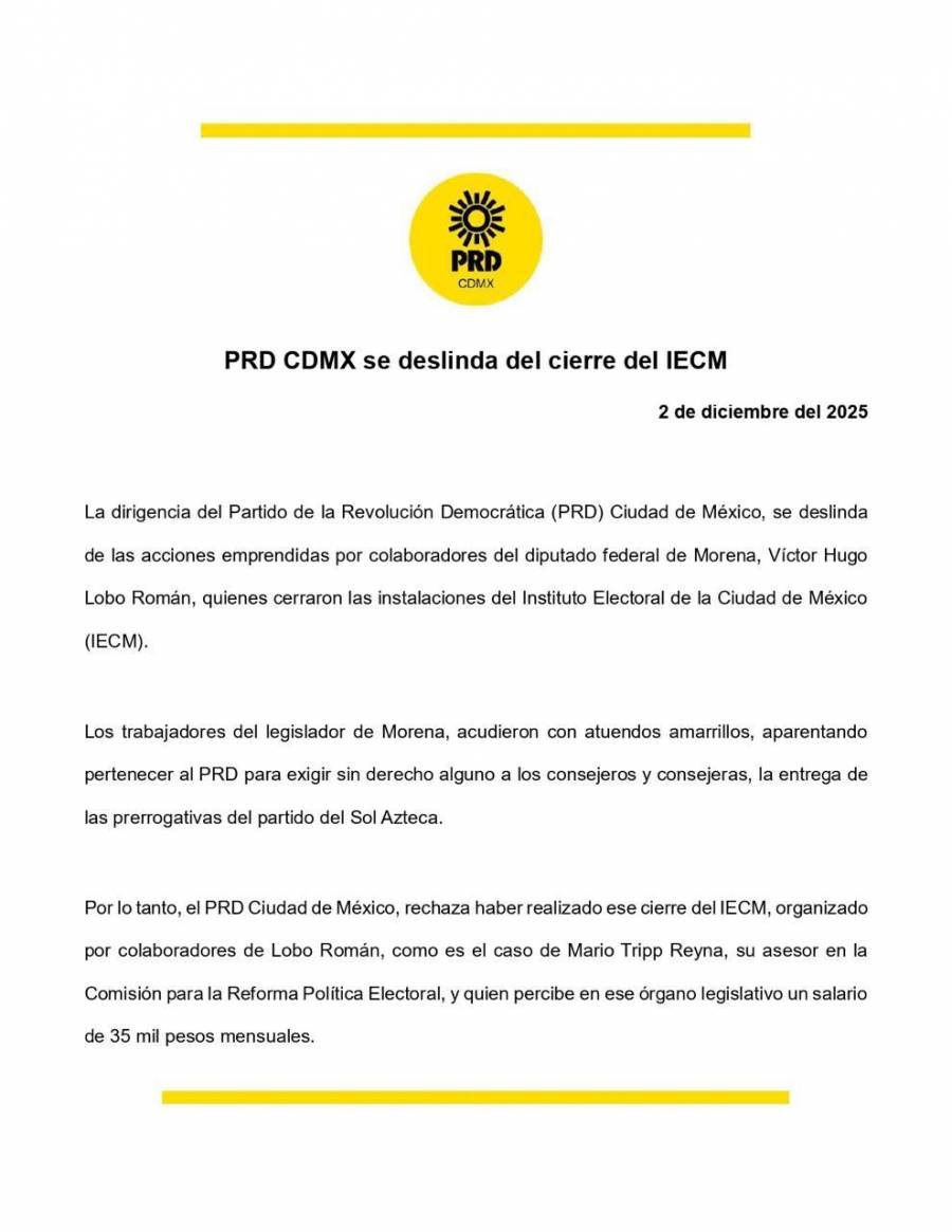 PRD-CDMX se deslinda del cierre del Instituto Electoral capitalino y acusa estrategia de Morena