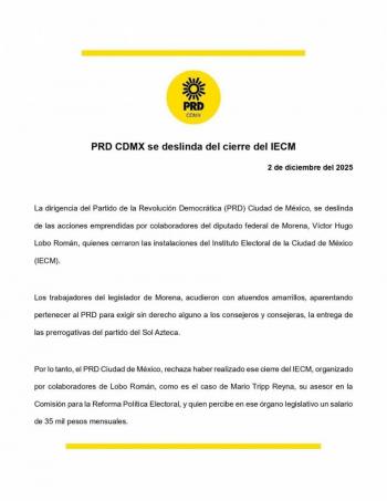 PRD-CDMX se deslinda del cierre del Instituto Electoral capitalino y acusa estrategia de Morena
