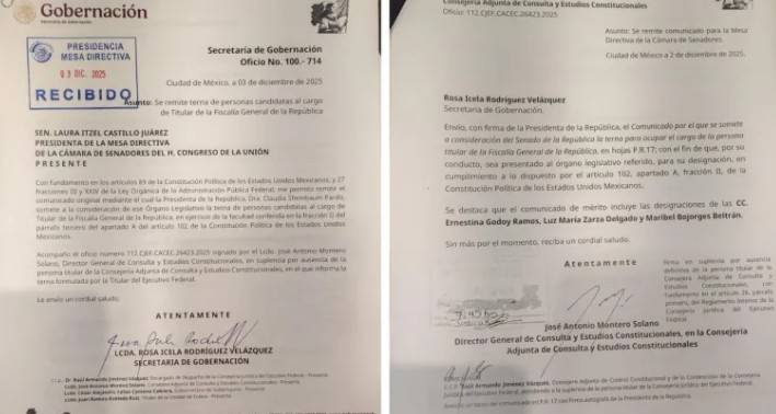 Claudia Sheinbaum env&iacute;a al Senado terna para titular de la Fiscal&iacute;a General de la Rep&uacute;blica