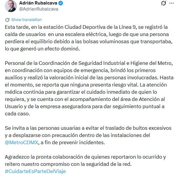 Adrián Rubalcava asegura atención inmediata tras caída en escaleras eléctricas de la estación Ciudad Deportiva