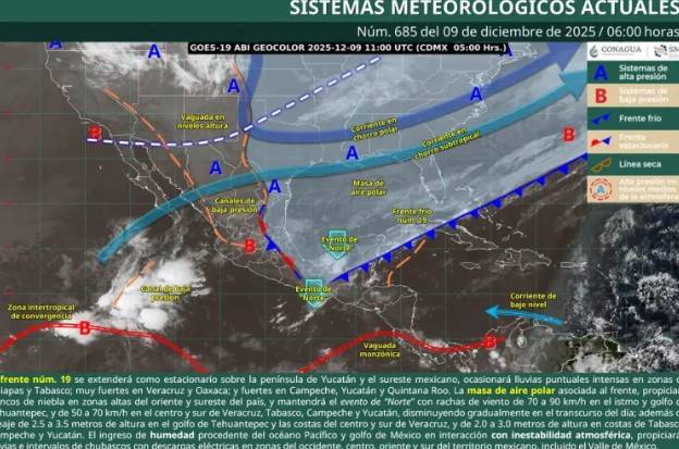 Se mantienen lluvias intensas y evento de “Norte” en el sureste del pa&iacute;s