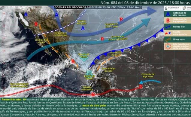 Frente fr&iacute;o 19 provocar&aacute; lluvias intensas en el sureste y ambiente g&eacute;lido en el centro del pa&iacute;s