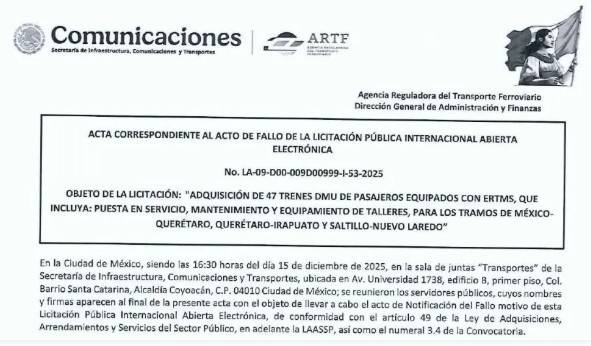 Alstom gana licitaci&oacute;n para fabricar 47 trenes del sistema M&eacute;xico–Quer&eacute;taro y Saltillo–Nuevo Laredo