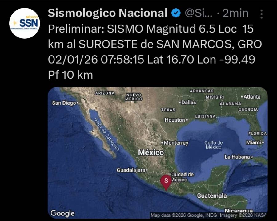 Sismo de magnitud 6.5 se registra al suroeste de San Marcos, Guerrero