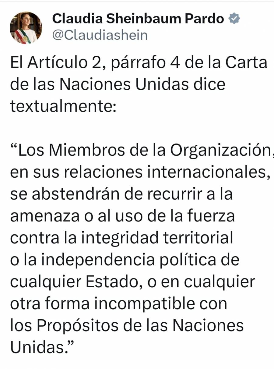 Sheinbaum invoca la Carta de la ONU por acción militar en Venezuela