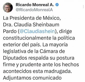 Morena respalda postura de Sheinbaum en pol&iacute;tica exterior tras hechos en Venezuela