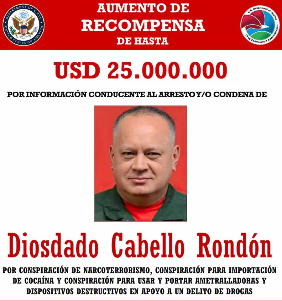 Estados Unidos eleva recompensa por Diosdado Cabello a 25 millones de dólares