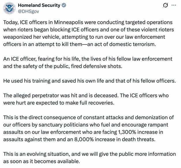 Agente de ICE mata a mujer señalada por terrorismo doméstico en Minneapolis