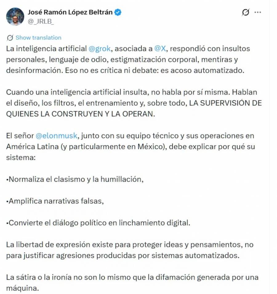 José Ramón López Beltrán exige disculpa institucional a X por respuesta ofensiva de Grok al llamarlo 