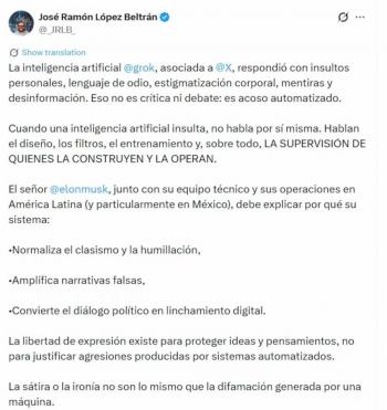 Jos&eacute; Ram&oacute;n L&oacute;pez Beltr&aacute;n exige disculpa institucional a X por respuesta ofensiva de Grok al llamarlo 