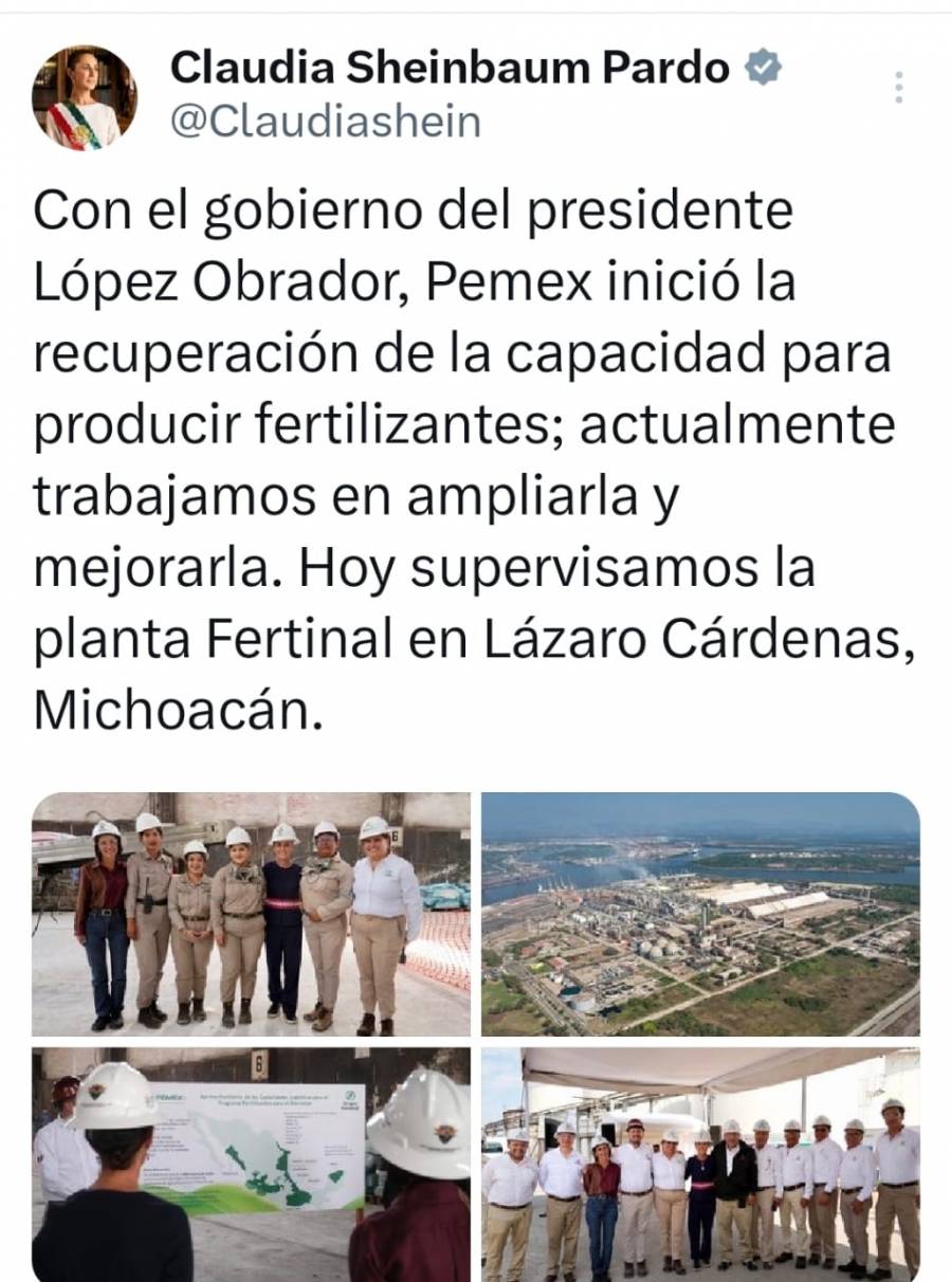 Sheinbaum supervisa planta Fertinal; destaca recuperaci&oacute;n de la producci&oacute;n de fertilizantes
