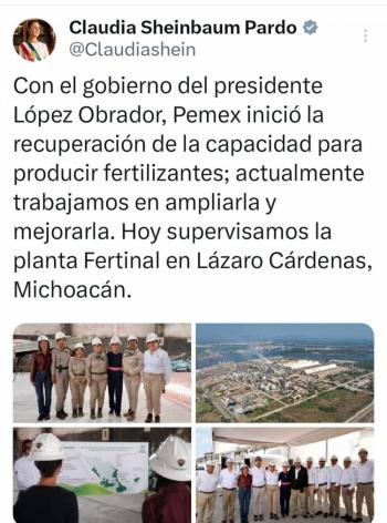 Sheinbaum supervisa planta Fertinal; destaca recuperaci&oacute;n de la producci&oacute;n de fertilizantes