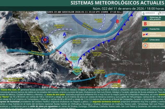 Frente fr&iacute;o 27 provoca lluvias torrenciales y fr&iacute;o extremo en M&eacute;xico
