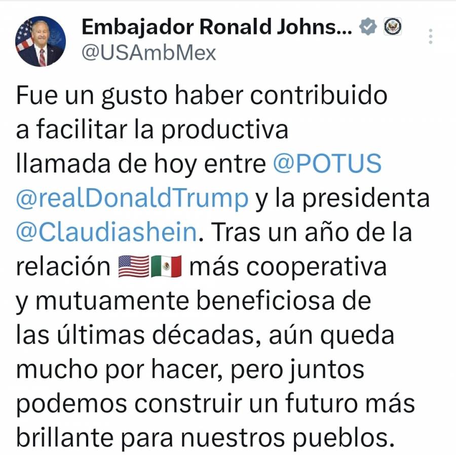 Sheinbaum reconoce apoyo del embajador de EU tras llamada bilateral