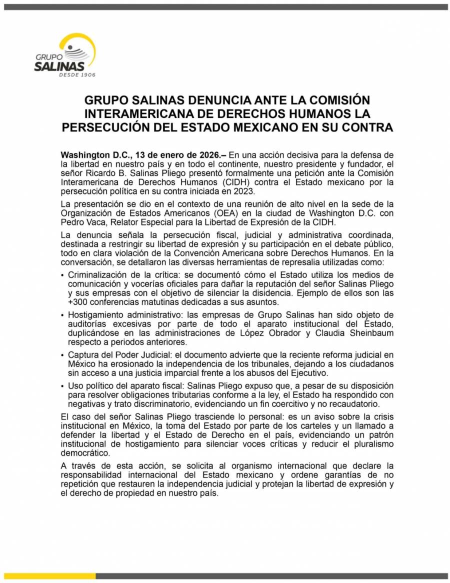 Grupo Salinas denuncia ante la CIDH persecución política del Estado mexicano