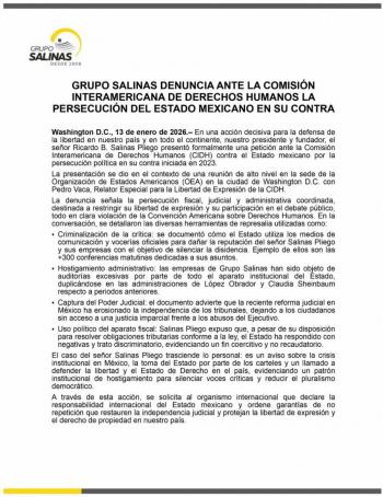 Grupo Salinas denuncia ante la CIDH persecuci&oacute;n pol&iacute;tica del Estado mexicano