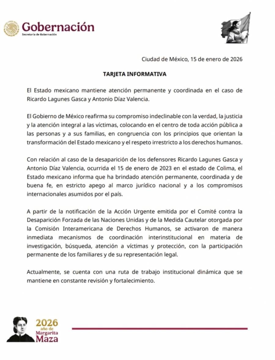 Estado Mexicano mantiene atenci&oacute;n permanente en caso de defensores desaparecidos en Colima: Segob